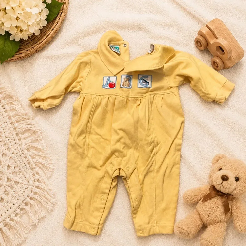 Vintage McBaby ABC Embroidered Baby Romper Yellow 3-6 Months Korea One Piece